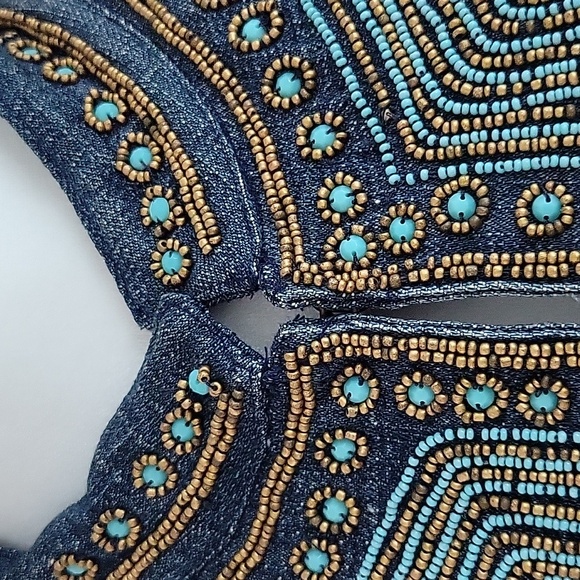 Chico's Embellished Heritage Turquoise Beaded Denim Jacket Inkspill Indigo Sz L - Picture 10 of 16